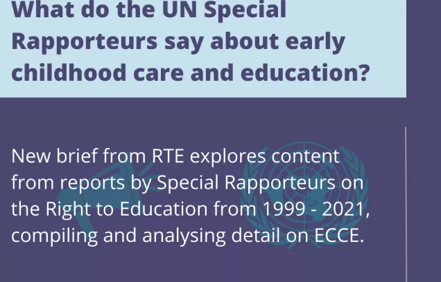 Flyer with purple background and blue text reading: What do the UN Special Rapporteurs say about early childhood care and education? 