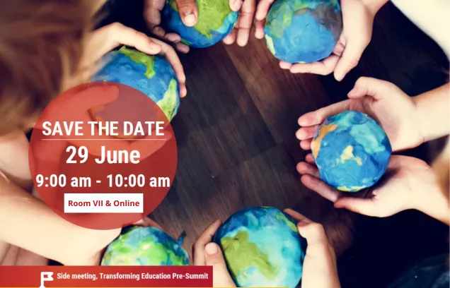 Hands holding small globes with detail advertising event written over the top