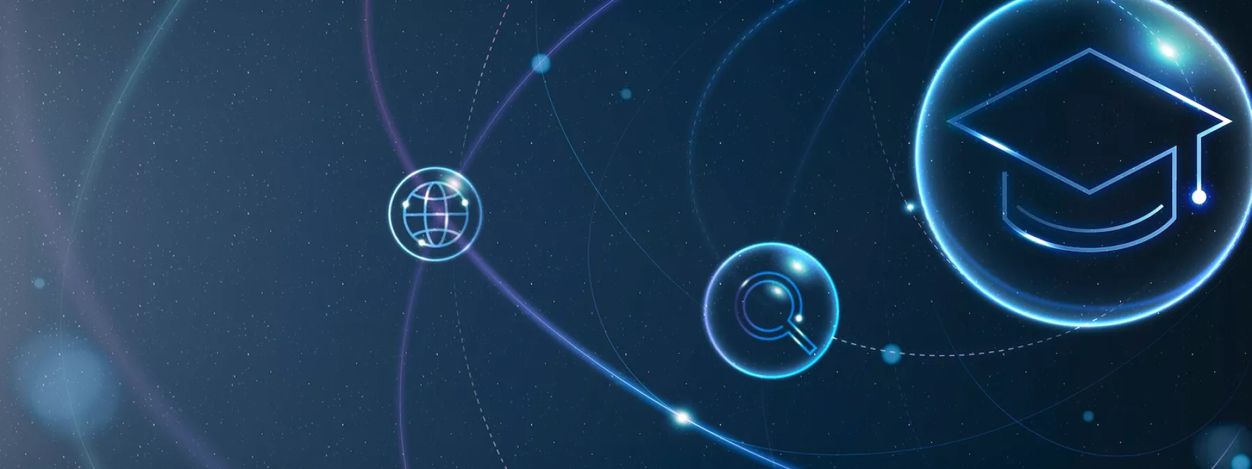 Student cap, magnifying glass and web sign in bubbles on blue digital background